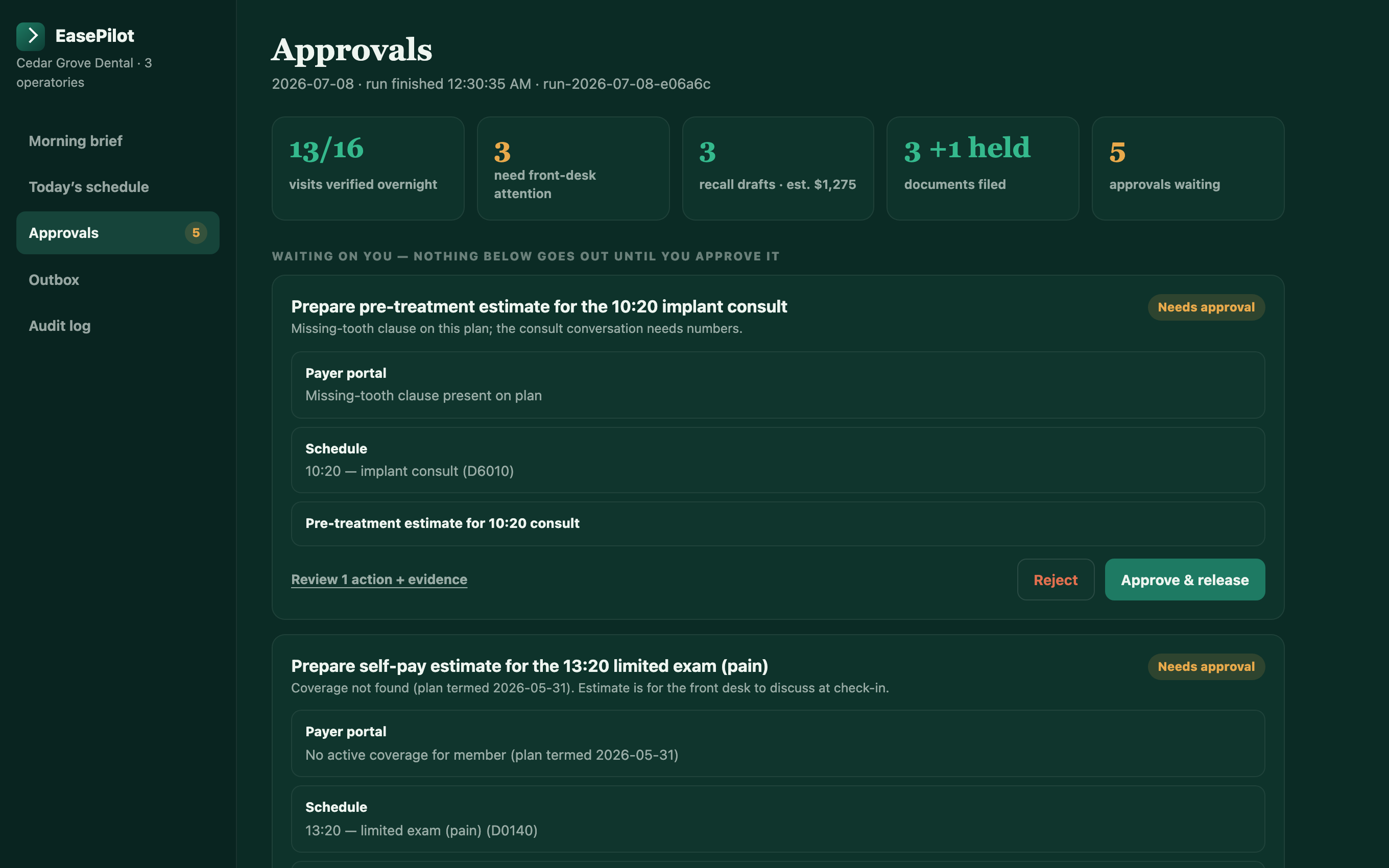 EasePilot approval queue with evidence packets and approve or reject controls
