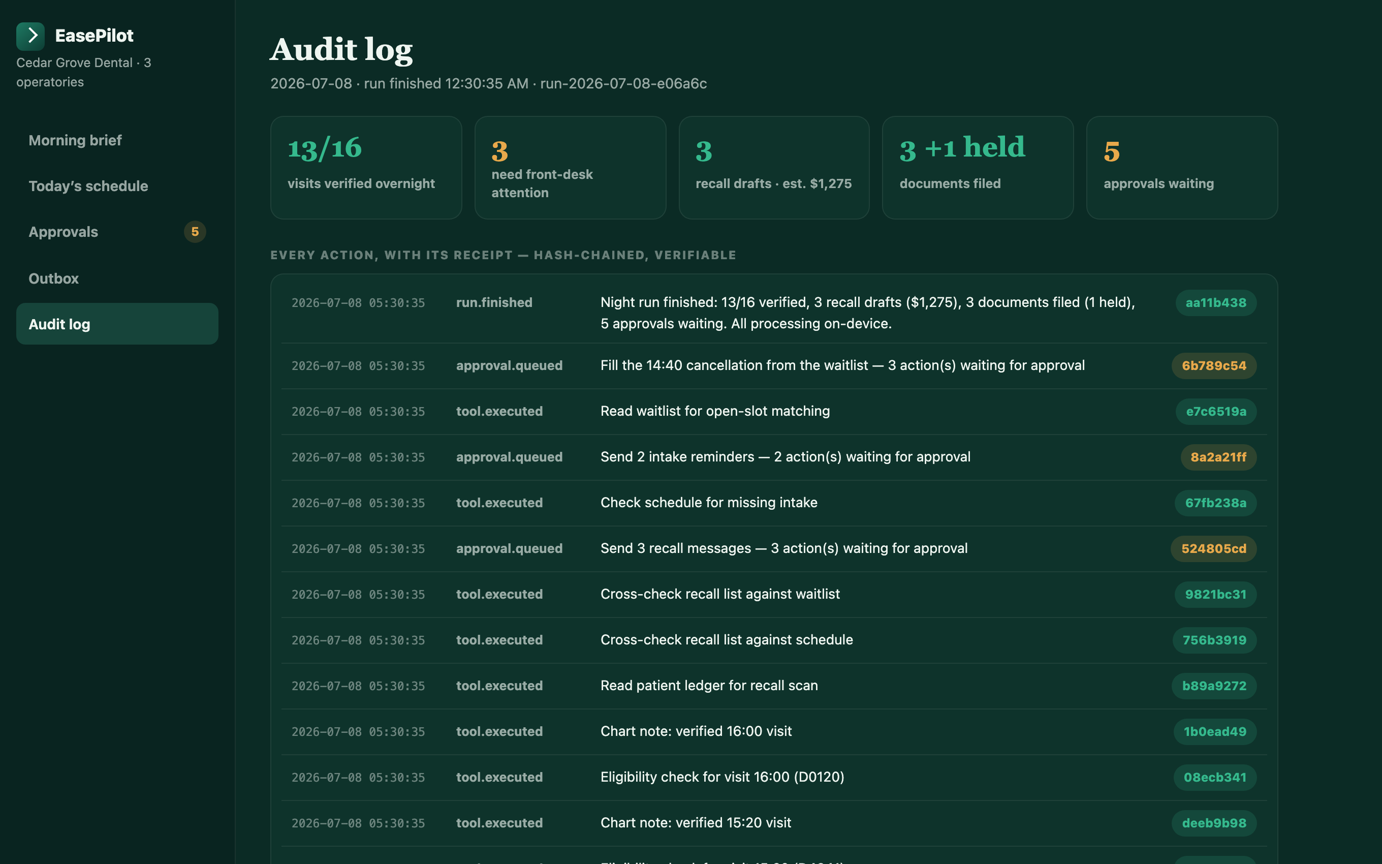 EasePilot audit log with hash-chained receipts for every action